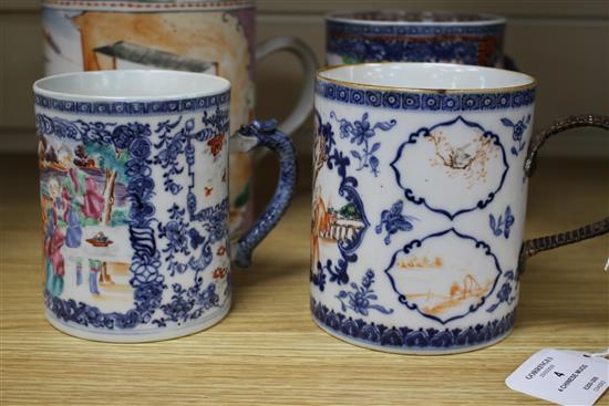 Four Chinese famille rose large mugs, Qianlong period tallest 15cm